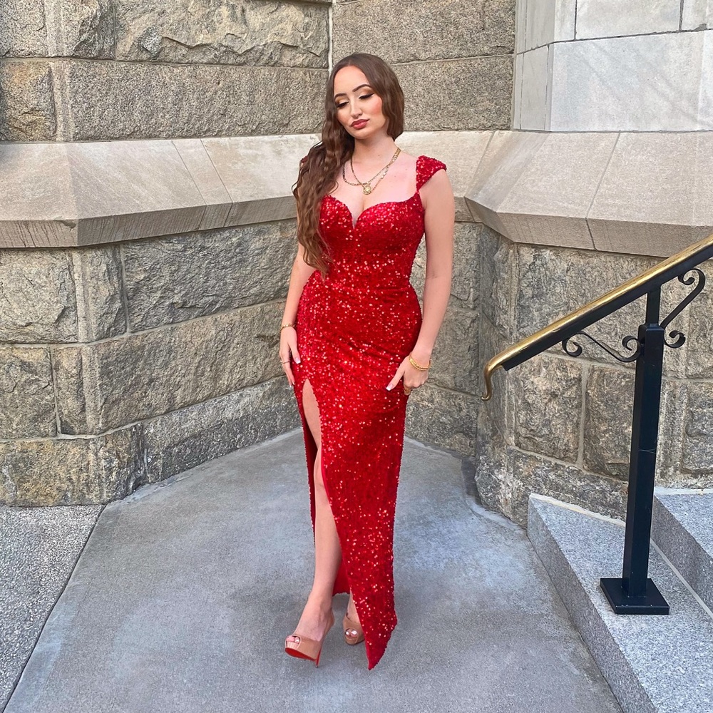 Red sequin evening gown prom dress by Lia Stublla